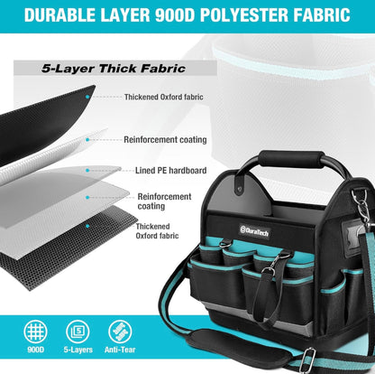 DURATECH 12” Multi-Pocket Open Top Tool Tote w/ Waterproof Hard Bottom, Rotating Handle