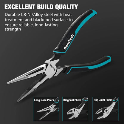 DURATECH 3PC Plier Set, Includes 8” Needle Nose Pliers, 8” Slip Joint Pliers and 7” Diagonal Pliers