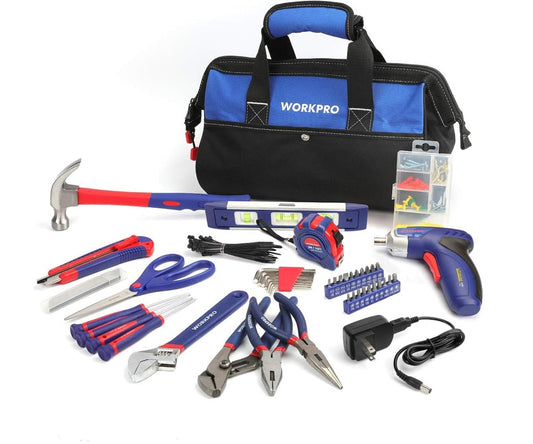 WORKPRO 125Pc Household Tool Kit w/ 3.6V Rechargeable Screwdriver & Easy Carrying Tool Bag
