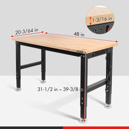 WORKPRO 48" Adjustable Heavy-Duty Workbench w/ Power Outlets, Rubber Wood Top, 2000lbs Load Capacity