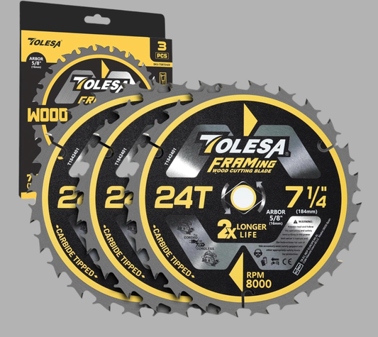 TOLESA 3PC 7.25” Circular Saw Blade 24 Teeth with 5/8" Arbor, ATB Carbide Teeth