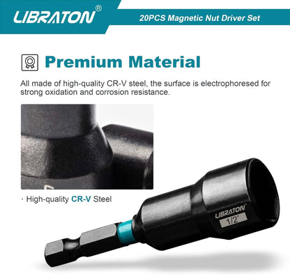 Libraton 20PC 1/4” Magnetic Nut Driver Set, Metric and SAE, w/ Storage Bag