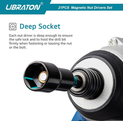 Libraton 21PCS 1/4” Magnetic Nut Driver Set - Metric and SAE w/ Impact Socket Adapters, Bit Holder, Quick-Release Extensions, Storage Bag