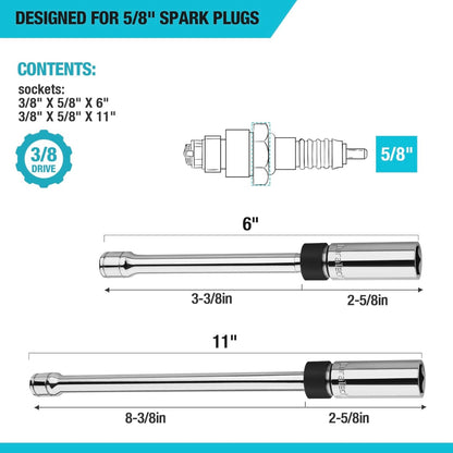 DURATECH 2PCS 5/8" Swivel Magnetic Spark Plug Socket Set, 3/8" Drive, 11" and 6"
