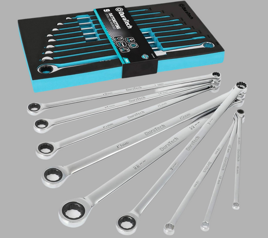 DURATECH 9PC Extra Long Double Box End Ratcheting Wrench Set, Metric, 8,10,12,13,14,16,17,19,22 mm, w/ EVA Foam Tool Organizer