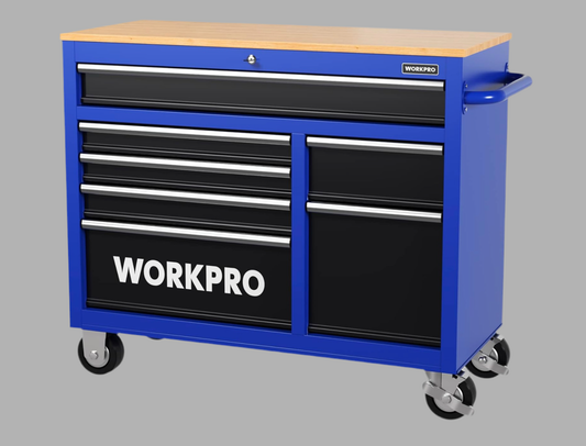 WORKPRO 42” 7-Drawers Rolling Tool Chest w/ Wooden Top, Casters, Handle, Drawer Liner, and Locking System, 1000 lbs Load Capacity