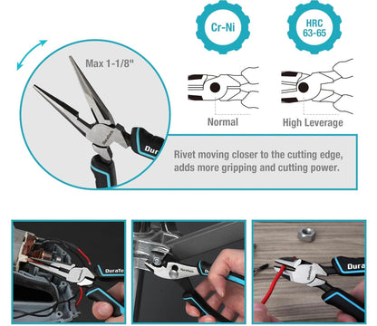 DURATECH 4PC Pliers Set w/ Rolling Pouch (10" Groove Joint Pliers, 8" Long Needle Nose, 6" Slip Joint, 6" Diagonal)