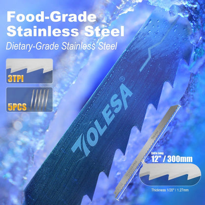 TOLESA 12-Inch Frozen Meat Bone Food Reciprocating Saw Blades 5-Pack, 3 TPI Stainless Steel Reciprocating Saw Blade for Splitting/Processing