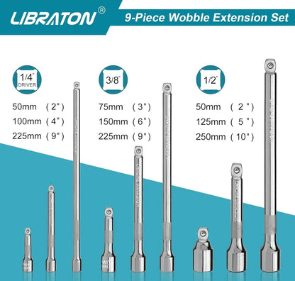 LIBRATON 9PC Wobble Extension Set w/ EVA Storage Tray - 1/4'', 3/8'', 1/2''