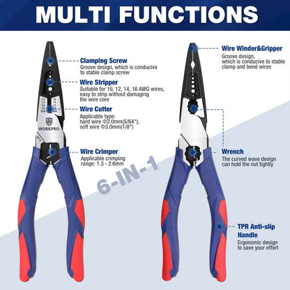 WORKPRO 8” Multifunctional Long Nose Pliers w/ Wire Cutter, Stripper, Crimper