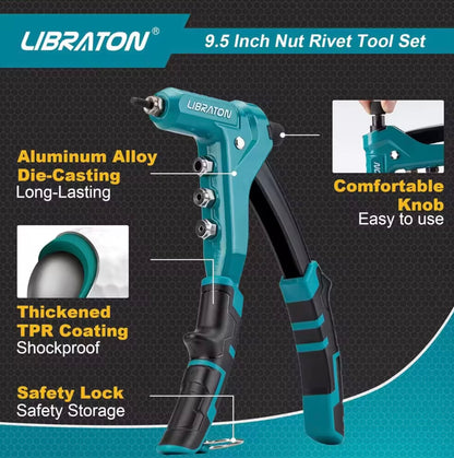 LIBRATON 9.5” One-Handed Rivet Nut Tool Set w/ 4 Interchangeable Mandrels