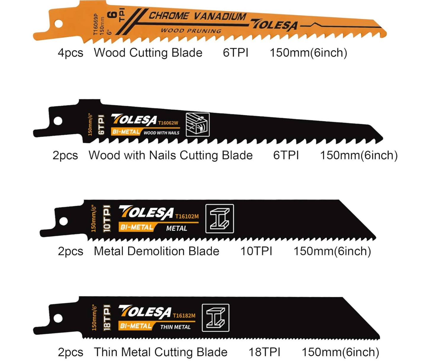 TOLESA 10PC 6” Metal/Woodcutting 6, 10, 18TPI Reciprocating Saw Blades