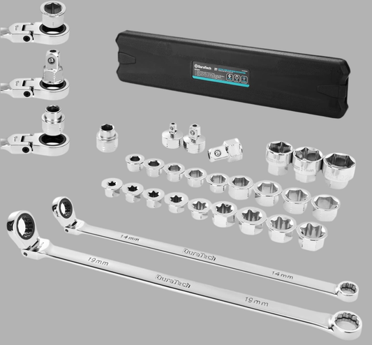 DURATECH 27PC Extra Long Flex Head Double Box End Ratcheting Wrench Set w/ Replacement Heads, Adapers