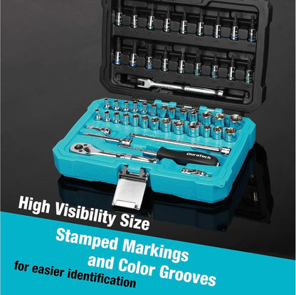DURATECH 51PC 1/4" Drive SAE & Metric Socket Set, Bit Sockets, Ratchet, Universal Joint