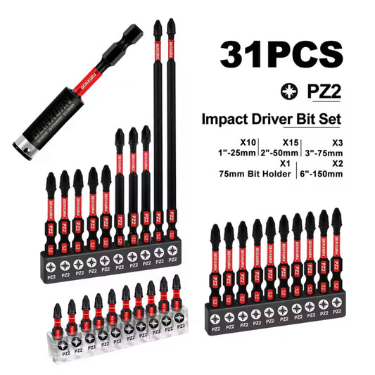GEINXURN 31PC Impact Driver Bit Set - PZ2 w/ Bit Holder Extension, Organizer Sleeves