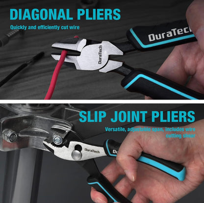 DURATECH 7PC Pliers Set w/ Rolling Pouch, 8”/10” Groove Joint Pliers, 6”/8” Long Needle Nose, 8" Linesman, 6" Slip Joint, 6" Diagonal
