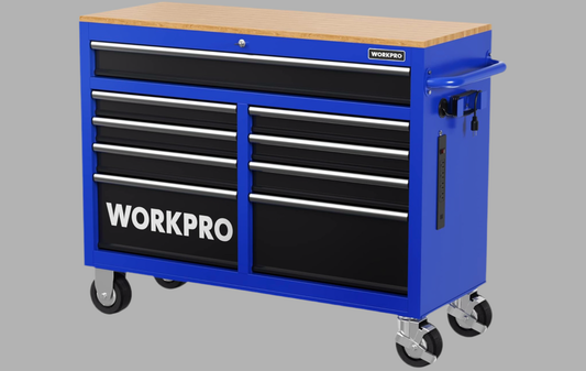 WORKPRO 46” 9-Drawers Rolling Tool Chest w/ Wooden Top, Casters, Handle, Drawer Liner, and Locking System, 1200 lbs Load Capacity