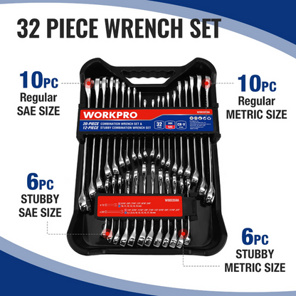 WORKPRO 32Pc SAE/Metric Combination Wrench Set includes 12Pc Stubby Set