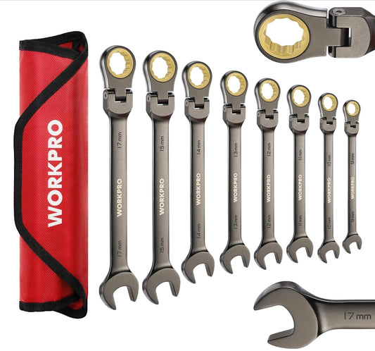 WORKPRO 8-piece Flex-Head Ratcheting Combination Wrench Set w/ Organizer Bag, Metric 9-17 mm