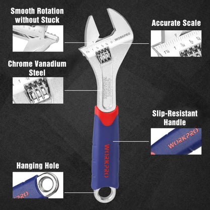 WORKPRO 3-piece Adjustable Wrench Set w/ Rubberized Anti-Slip Grips - 10”, 8”, 6”