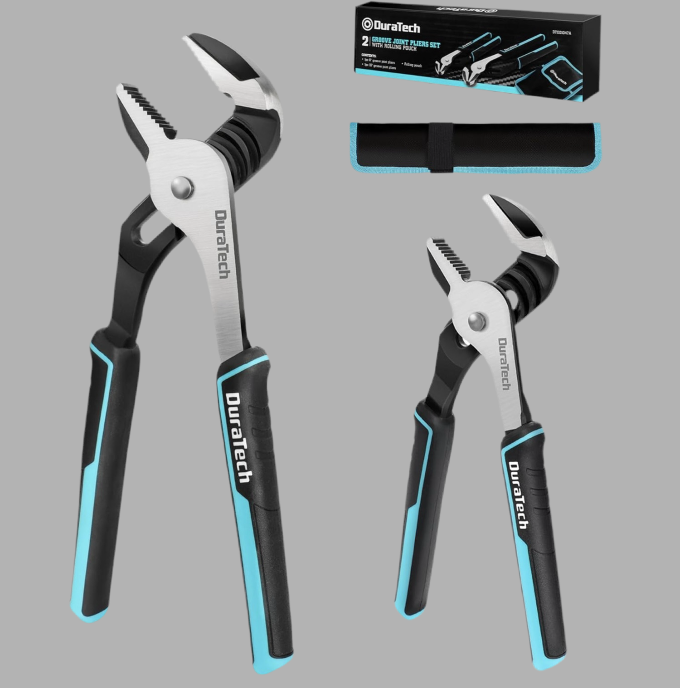 DURATECH 2PC 8” + 10” Adjustable Groove Joint Pliers Set with Rolling Pouch
