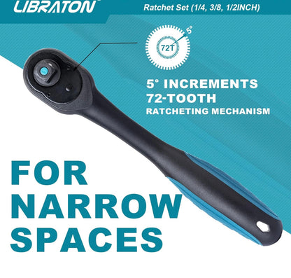 LIBRATON 3PC Heavy Duty Drive Ratchet Socket Wrench Set with Quick-Release Head, 72 Teeth, Reversible Design, Comfort Grip - 1/4”, 3/8”, 1/2”