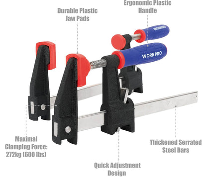 WORKPRO 2Pk 6”/12” Quick-Release Steel Bar Clamps Set w/ 2-1/2" Throat