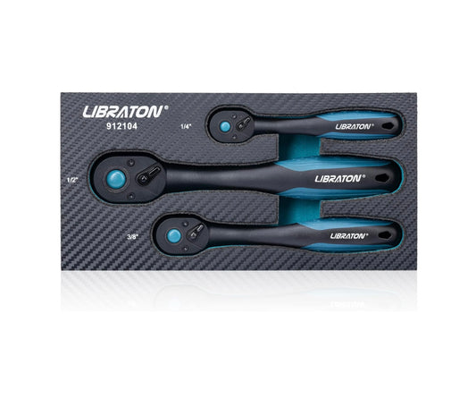 LIBRATON 3PC Heavy Duty Drive Ratchet Socket Wrench Set with Quick-Release Head, 72 Teeth, Reversible Design, Comfort Grip - 1/4”, 3/8”, 1/2”