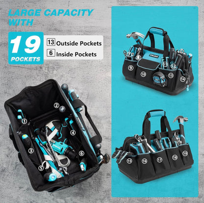 DURATECH 18” Large Tool Bag w/ 19 Pockets, Waterproof Hard Bottom