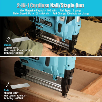 DURATECH 20V 2-in-1 Cordless Brad Nailer w/ 2.0Ah Rechargeable Battery, 1H Quick Charger, 1000 Staples, 1000 Nails, Carrying Case
