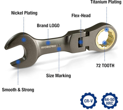 WORKPRO 8PC Flex Head Stubby Ratcheting Combination Wrench Set, Metric 9, 10, 11, 12, 13, 14, 15, 17 mm, w/ Rolling Pouch