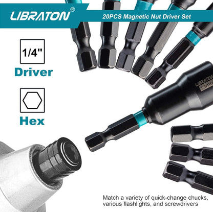 Libraton 20PC 1/4” Magnetic Nut Driver Set, Metric and SAE, w/ Storage Bag