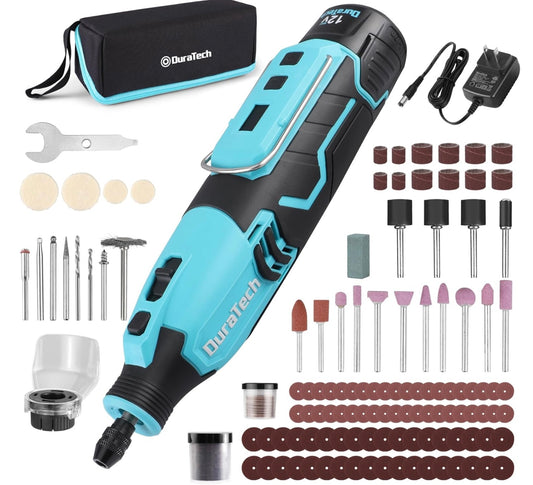 DURATECH 121PC 12V Cordless Rotary Tool Kit w/ 2.0Ah Rechargeable Battery, 118PC Accessories for Grinding, Carving, Polishing, Cutting, Drilling, Sanding, Milling