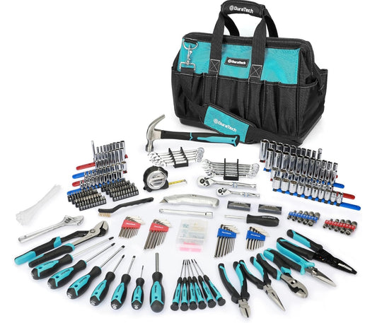 DURATECH Socket Wrench and Home Repair Hand Tool Kit w/ Wide Open Mouth Tool Bag
