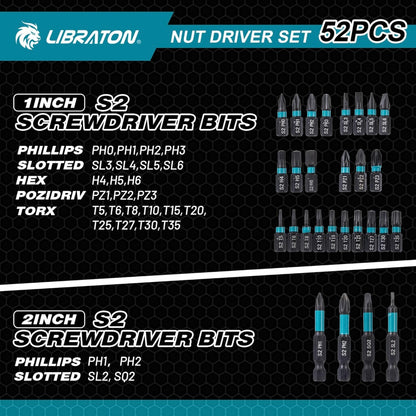 LIBRATON 52PC Magnetic Nut Driver Set - SAE, 1/4" Impact Drill Driver Bit, Nut Drivers for Impact Drill, Hex Converter, Socket Adapters, Screwdriver Bits, Extension, Wing Nut Driver, Storage Box