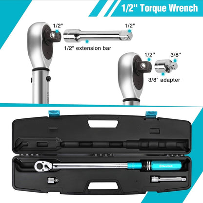DURATECH 1/2-Inch Drive Click Torque Wrench, 30-160 Ft-lb, w/ Socket Adapter, Extensions Bar, Storage Case
