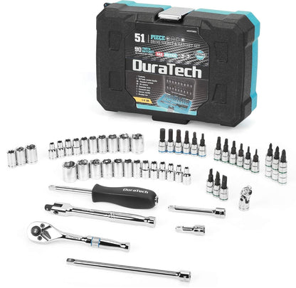 DURATECH 51PC 1/4" Drive SAE & Metric Socket Set, Bit Sockets, Ratchet, Universal Joint