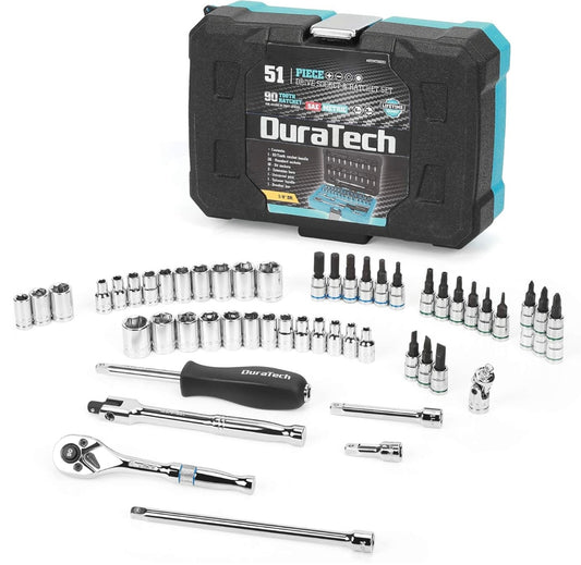 DURATECH 51PC 1/4" Drive SAE & Metric Socket Set, Bit Sockets, Ratchet, Universal Joint