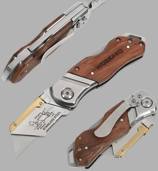 WORKPRO Folding Utility Knife Wood Handle Heavy Duty Cutter