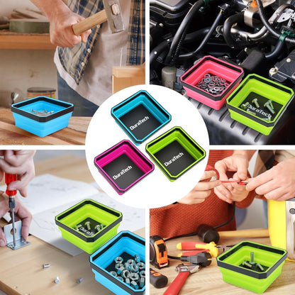 DURATECH 3PK Magnetic Silicone Foldable Parts Tray Set w/ Double-Sided Magnetic Base