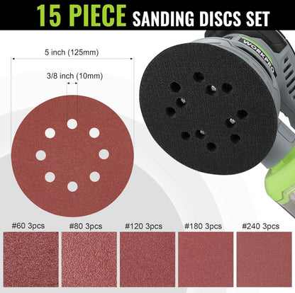 WORKPRO 300W 5” Random Orbit Sander w/ Dust Collector, 15pcs Sandpapers