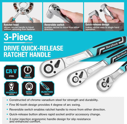 DURATECH 3-Piece Drive Ratchet, 1/4", 3/8", 1/2" Drive w/ Cushion Injection Handle