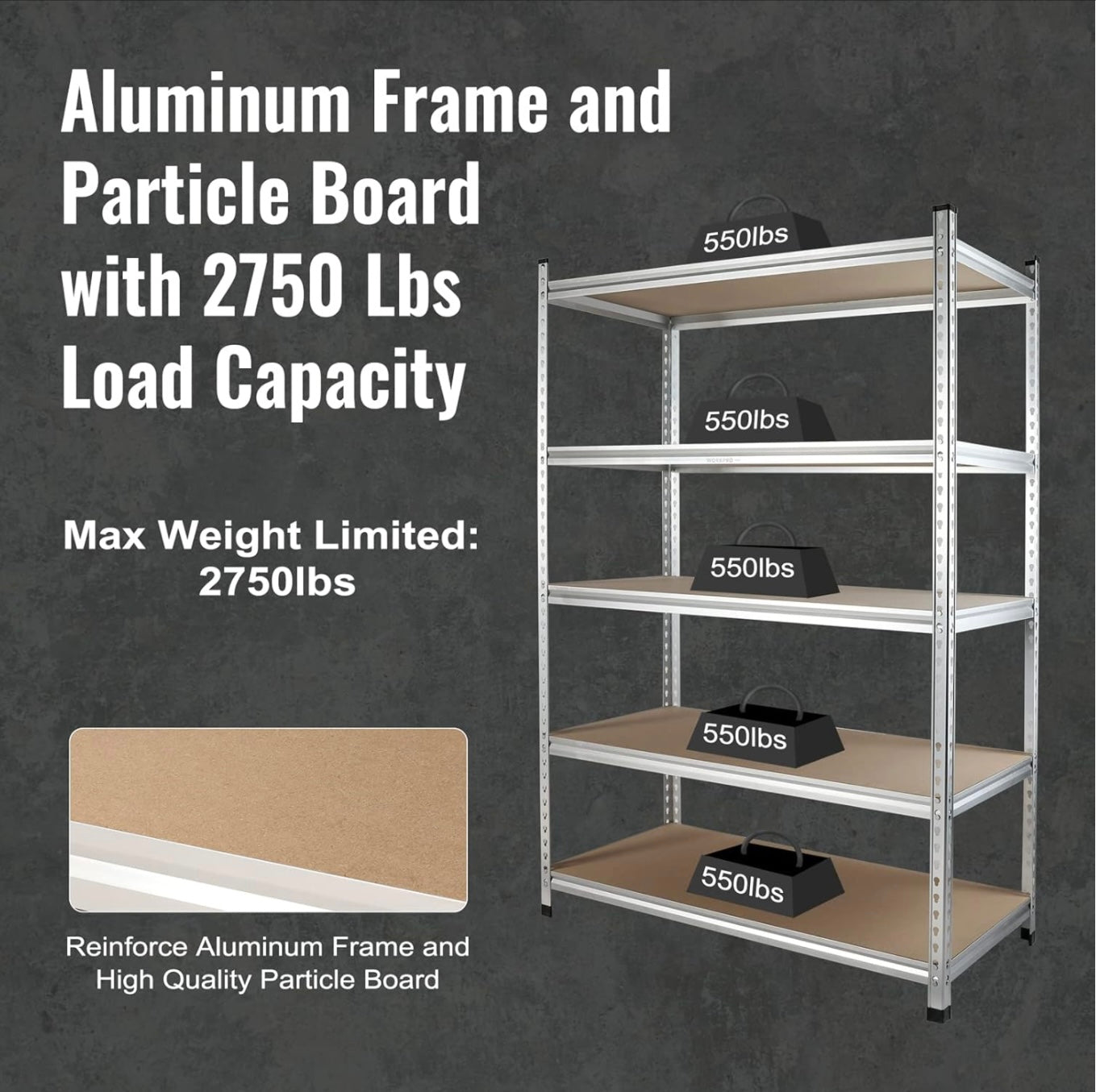 WORKPRO 5-Tier Adjustable Storage Shelving Unit, Heavy Duty Aluminum Alloy Shelves, 2750 lbs Load Capacity (Total)