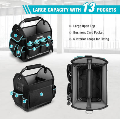 DURATECH 12” Multi-Pocket Open Top Tool Tote w/ Waterproof Hard Bottom, Rotating Handle
