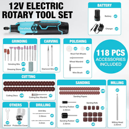 DURATECH 121PC 12V Cordless Rotary Tool Kit w/ 2.0Ah Rechargeable Battery, 118PC Accessories for Grinding, Carving, Polishing, Cutting, Drilling, Sanding, Milling