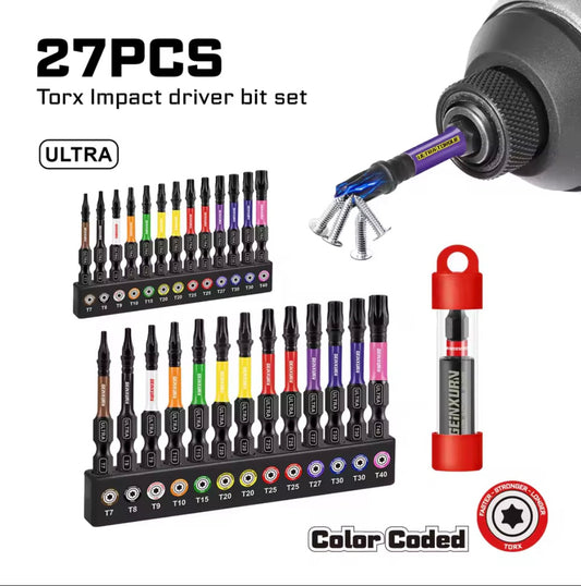GEINXURN 27PC Ultra Torx Impact Driver Bit Set w/ Bit Holder Extension, Organizer Sleeves