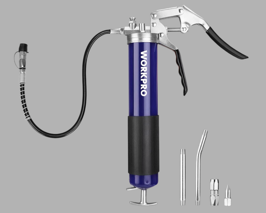 WORKPRO 6000PSI Grease Gun Kit w/ 18inch Flexible Hose, 2 Fixed Tubes & 3 Nozzles, 14oz Load