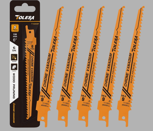 TOLESA 5PC 6” Wood Pruning 6TPI CR-V Reciprocating Saw Blades