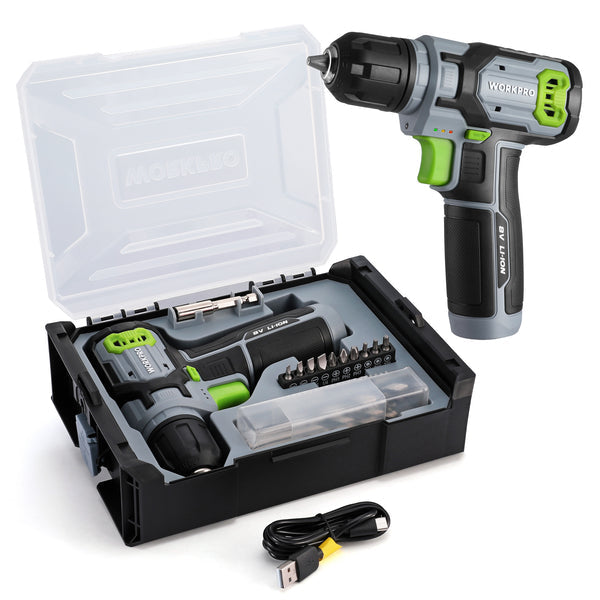 WORKPRO 8V Cordless Power Drill Set w/ Bit Set - 3/8" Keyless Chuck