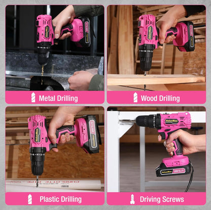 ValueMax 20V Pink Cordless Drill Set w/ Bits, LED Light, Magnetic Holder, 3/8-Inch Keyless Chuck, Battery, Charger